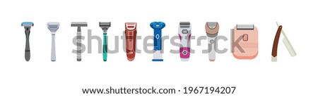 Set of male and female shave accessories. Electric and straight razors, shavers with sharp blades, tools for hair removal. Flat vector illustrations isolated on white.