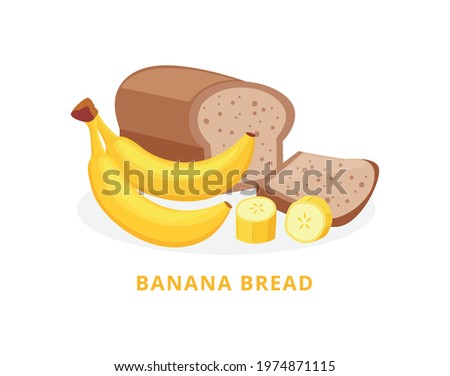 Bakery product banana bread with whole and cut bananas, flat vector illustration isolated on white background. Banana bread card design or image for packaging.