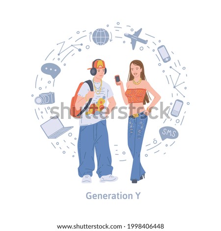 Girl and guy representatives generation y. A modern young people or teenagers with gadgets. Flat cartoon vector illustration isolated on white.