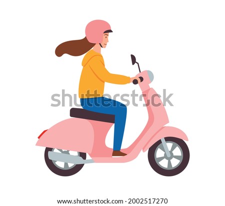 Female motorcyclist riding on pink scooter motorbike. Young woman using motorcycle transport for travel and trip. Flat cartoon vector illustration isolated on white.