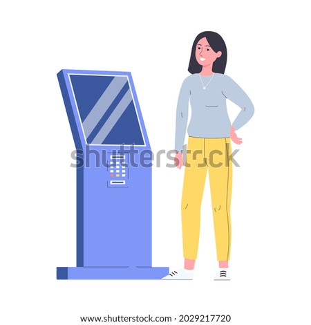 Modern woman cartoon character using interactive kiosk flat vector illustration isolated on white background. Young girl standing near digital self service display.