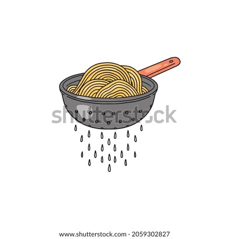 Colander with fresh cooked spaghetti cartoon style icon. Metal kitchenware cooking utensil to strain pasta.