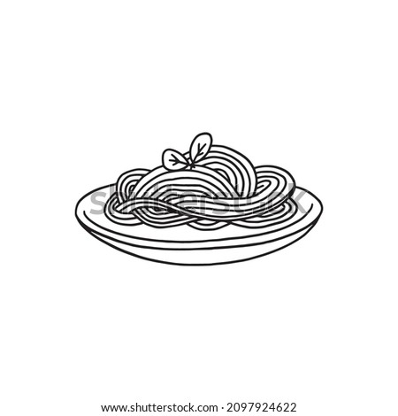 Italian spaghetti pasta in black outlines doodle style, vector illustration isolated on white background. Hand drawn noodles on plate, food dish for cafe or restaurant menu design.