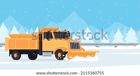 Snow plow truck removes snow from highway, winter landscape in flat style, vector illustration. Service vehicle cleans roads after snowstorm and snowfall.