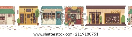 Seamless border showing street with shop building facades, flat vector illustration isolated on white background. Small different street stores and fashion boutiques.