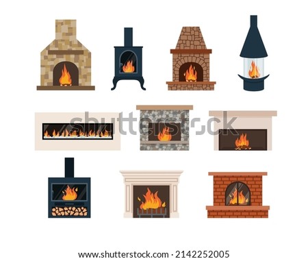 Various fireplace icons - classic and modern home fireplaces, flat vector illustration isolated on white background. Set of stone and brick chimneys with fire in the hearth.