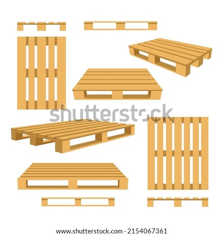 Wooden pallets cartoon icons or symbols set from different angles, flat vector illustration isolated on white background. Storage wooden pallet collection.