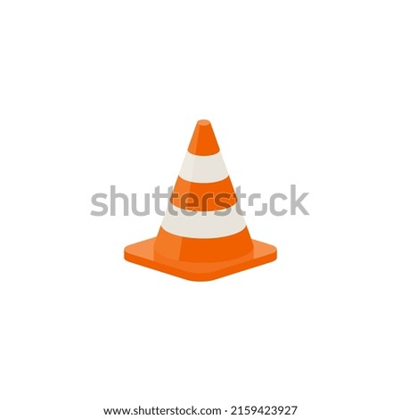 Road cone orange and striped, realistic flat vector illustration isolated on white background. Traffic cone as sign of construction work or car accident. Concepts of caution, barriers and obstacles.