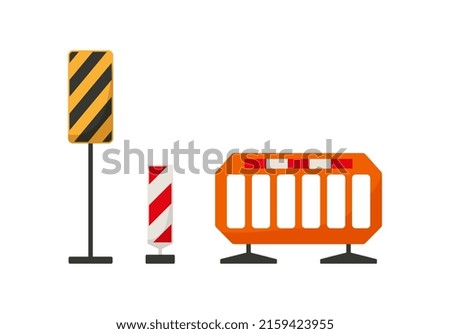 Warning portable road plastic barriers for temporary blocking of traffic, flat vector illustration isolated on white background. Traffic signs and barrier fences.