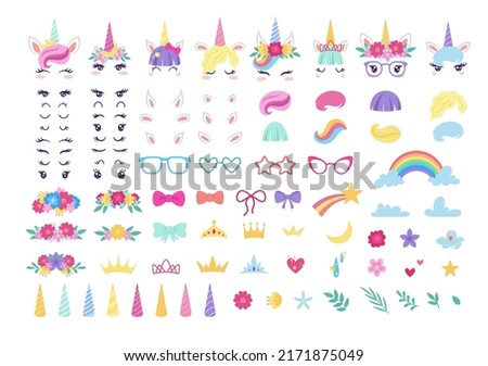 Cute unicorn creator kit, childish magical elements, flat vector illustration isolated on white background. Set of girly stickers of cartoon character. Horn, flowers, eyes, crowns and rainbow.