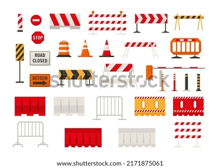 Traffic road barriers or barricades set for safety of driving, flat vector illustration isolated on white background. Set of alert signs of closed roads and detour. Plastic and striped fences.