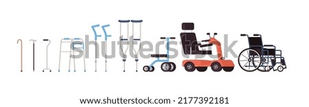 Orthopedic equipment with wheelchair and crutches. Accessories to help people with immobility or injury and the elderly, vector illustration isolated on white background.