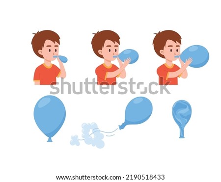 Little boy inflates balloon, rubber balloon blowing process - flat vector illustration isolated on white background. Kid playing with inflatable balloon. Сток-фото © 