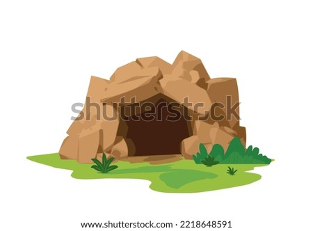 Brown stone cave entrance outside view flat style, vector illustration isolated on white background. Green lawn, decorative design element, dark rocky cave