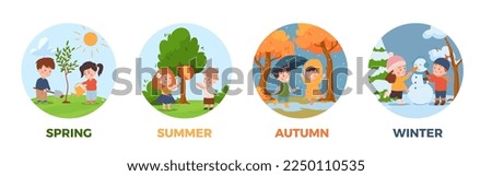 Four seasons of year - summer and winter, spring and autumn banners or badges set with children playing outdoors, flat vector illustrations isolated on white background.