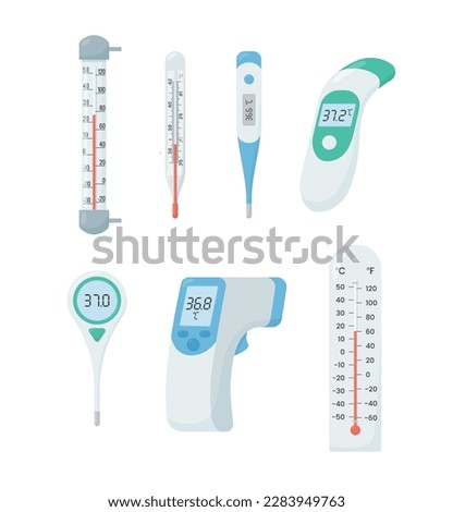 Medical and household thermometer icons for measuring temperature of human body and air, flat vector illustrations collection isolated on white background.