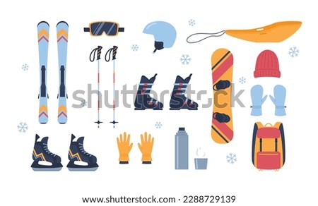 Set of winter sports equipment for active resting flat style, vector illustration isolated on white background. Skiing, skating and snowboarding, leisure, design elements collection