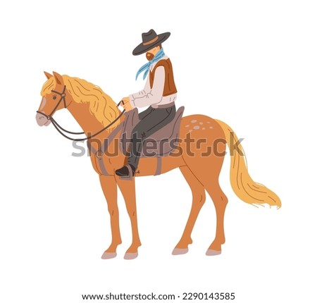 Cowboy riding horse, cartoon flat vector illustration isolated on white background. Dangerous wild west character on horseback. Western style.