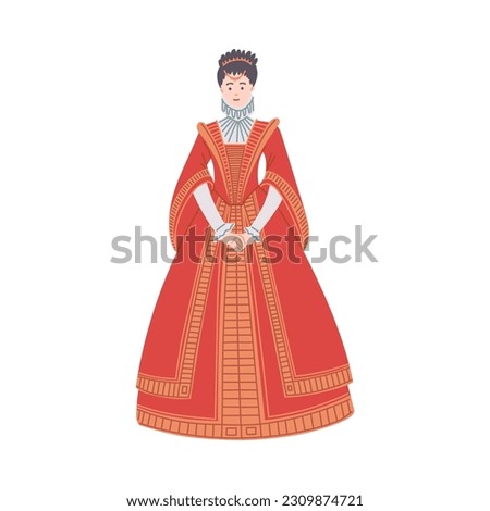 Vector illustration of medieval beautiful queen, duchess in a red luxurious outfit, dress and jewelry, headband. Cartoon concept of Middle ages, isolated on white background