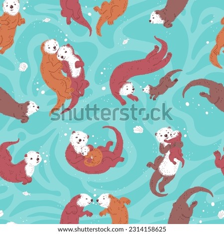 Cute seamless pattern with sea otters lovely family in blue water. Vector illustration of mother, father and child sea otters are swiming and hugging. Hand drawn marine mammals