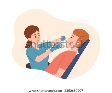 Doctor doing local anesthesia prick injection in the mouth. Dental treatment patient in chair. Stomatology, teeth care cartoon flat concept. Vector cartoon illustration isolated on white background