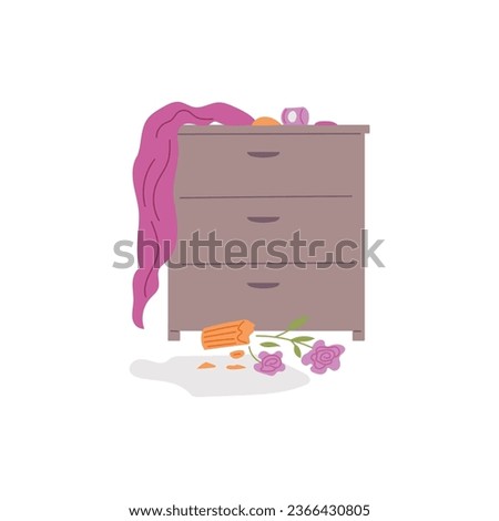 Pet mess, overturned broken vase of flowers and a curtain on chest of drawers. Chaos house, clutter, disorder from play cat or dog vector cartoon illustration. Wardrobe with overturned things