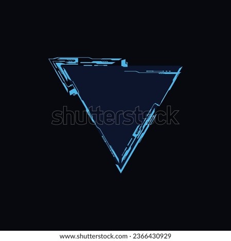 Futuristic triangle frame, vector illustration for web design isolated on black background. Neon game element for ui interface, digital sci fi drawing. Abstract ripped delta in blue color.