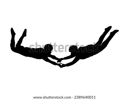 Silhouette of two skydivers, vector illustration isolated on white background. Black spot in the shape of a flying people who jumped out of a plane with a parachute, drawing in a simple flat style.