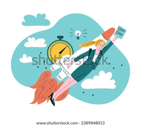 Woman holding paper doc in hand and flying together with rocket flat style, vector illustration isolated on white background. Decorative design element, productivity and success metaphor