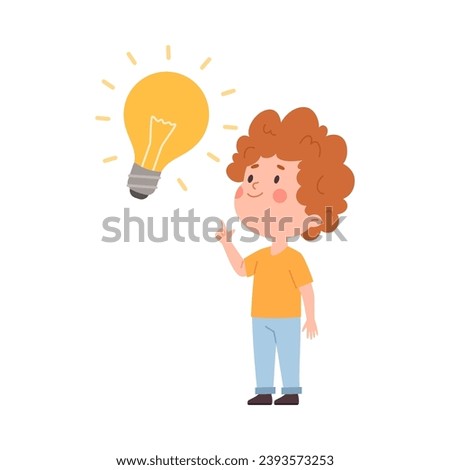 Boy point finger to something, vector illustration isolated on white background. Light bulb is a symbol fresh idea. Cute kid character show hand gesture with the index finger, point up. Flat cartoon
