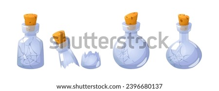 Damaged magic empty potion flask with cracks vector set. Clear glass bottle with a corkwood plug split into two parts. Laboratory equipment vials. Elements for game, user gui menu interface.