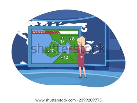 TV presenter tell the weather forecast and temperature in different cities. Weather reporter pointing at map in studio. Flat vector illustration on abstract background.