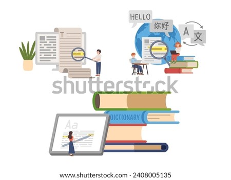 Translator and translation service concept. Computer technologies, books, magnifying glass, world map and Search app. Multilanguage people using dictionary. Vector illustrations set isolated on white