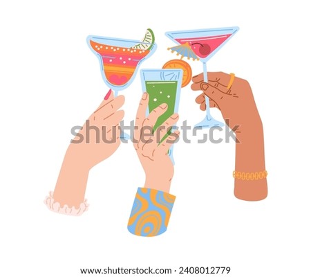 People hands with various glasses. Men and women drinking cocktails together, celebrating. Hand drawn vector illustration.