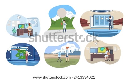 Forecasters and meteorological scientists, set of vector illustrations. Different men and women, TV presenters and researchers Scenes with people about science and weather forecast. Cartoon flat style