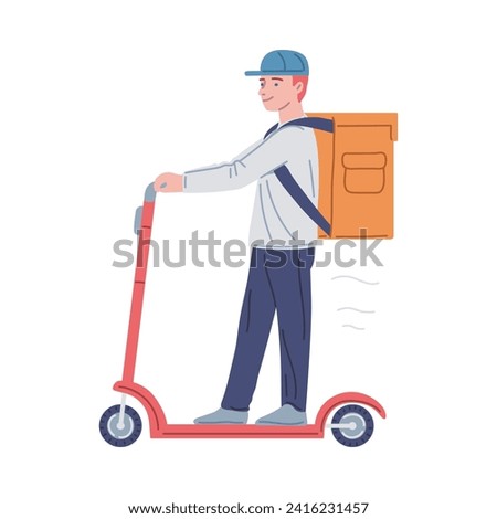 Courier with food delivery bag riding scooter. Man delivering online order. Transportation concept. Isolated flat vector illustration.