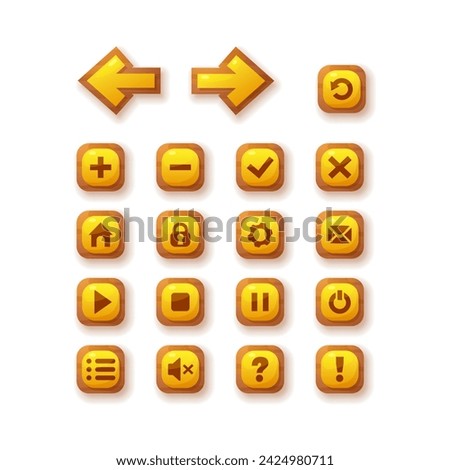 Set of vector buttons for ui game design user interface. Cartoon mobile web and app keyboard items for menu. Control and navigation, settings, stop, pause options. Big kit yellow square shape symbols