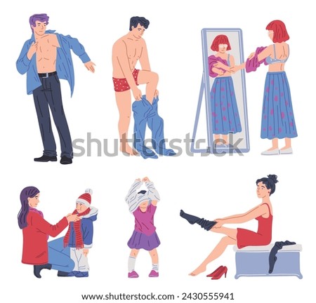 Dressing people set. Men and women put on and change clothes. Mother help son to tie scarf. Various characters getting dressed, pull on garment. Flat vector illustration concept collection.