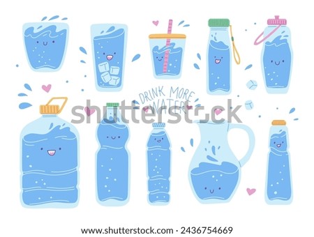 Water in various containers, set of vector illustration drawn in flat cartoon style isolated on white background. Drinking water in plastic or glass package, glasses, bottles and jugs.