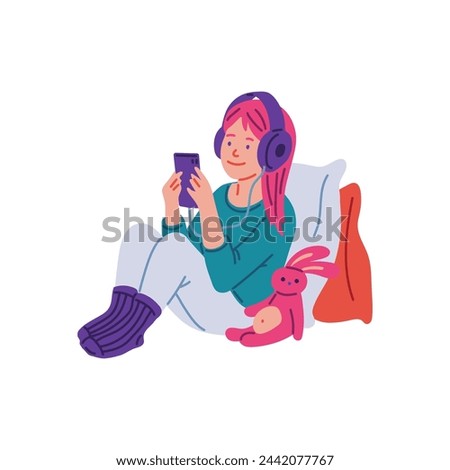 Illustration of a teenage girl wearing headphones and holding a phone, leaning on pillows, absorbed in music or social networks. Flat isolated design reflecting modern digital activity of teenagers.