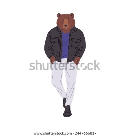 A confident bear dressed in a puffer jacket and stylish trousers. Vector illustration of an anthropomorphic character with urban fashion flair.