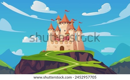 Summer landscape of fantasy kingdom vector flat illustration. Road to fairy tale castle on hill. Cartoon medieval chateau among the mountains. Vintage stone palace building with castle tower