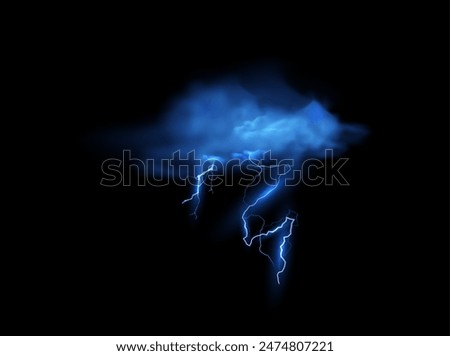 A captivating vector illustration showcasing a dark storm cloud with electric blue lightning bolts piercing through. This striking image vividly captures the essence of a powerful thunderstorm