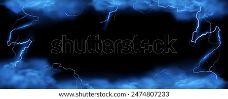 Vector frame design made of stormy blue sky with smoke and fog effects, accentuated by the radiance of branched lightning to create spectacular background images.