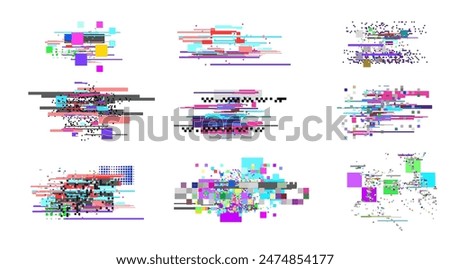 Error screen vector design. Collection of Illustrations of digital pixel noise glitch elements depicting television signal glitch and data attenuation, on an isolated background.