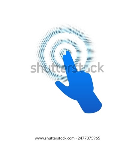 Blue hand icon touching mobile phone screen. Vector illustration demonstrating the two-finger tapping gesture, ideal for interface elements on an isolated background.