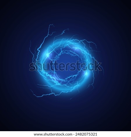 Lightning round frame, rays bright power vector illustration. Blue glowing magical portal, thunderbolt circle, energy strike discharge. Light flash neon hole, electric flare ring effect on black