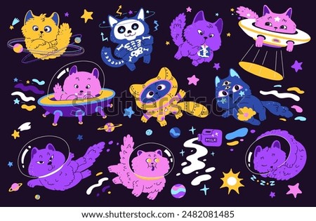 Vector illustration set featuring cats in space, each uniquely accessorized and engaging in cosmic activities like orbiting planets, floating in zero gravity, and riding shooting stars