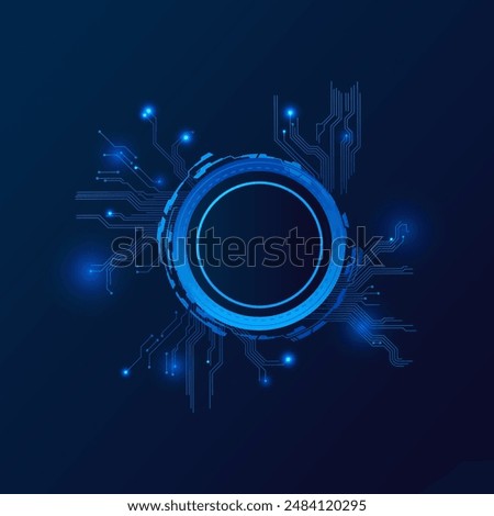 Artificial intelligence neural network vector design. Central empty circle with branched sparkling neural networks resembling microcircuits on an isolated blue background for creative projects.