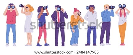 Vector illustration depicting a group of men and women looking through binoculars, a spyglass or a magnifying glass. Concepts of the future, observation or discovery. Isolated background.